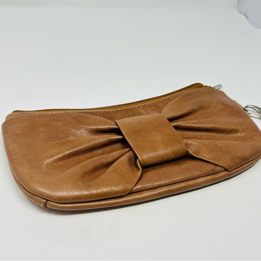 Carla Danelli Tan Brown Leather Bow Pochette Wristlet Purse